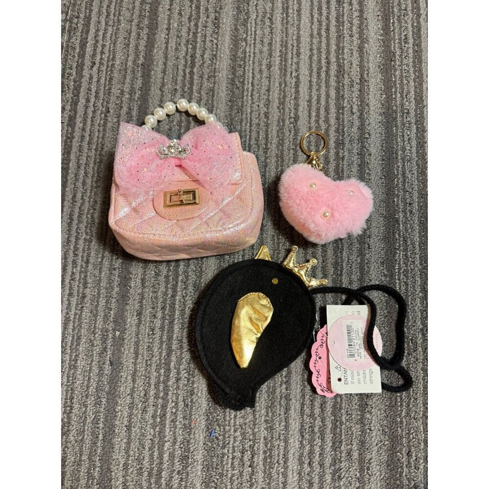 Lot of 3 little girls accessories: purses fluffy key chain bird metallic
